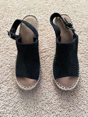 Toms Black Suede Open-Toe Slingback Wedge Espadrilles - Women
